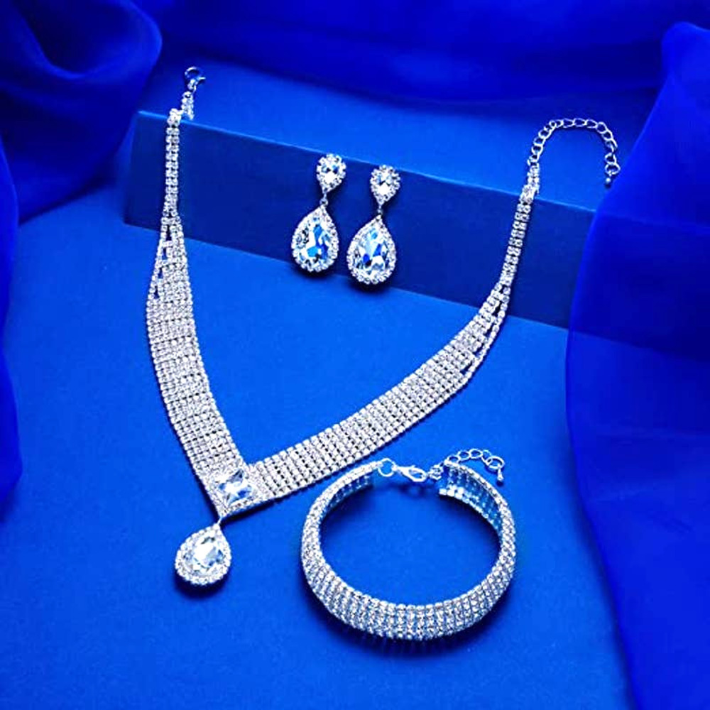 Rhinestone Necklace Bangle Bracelet Crystal Teardrop Dangle Earrings Set Bridal - Picture 2 of 7